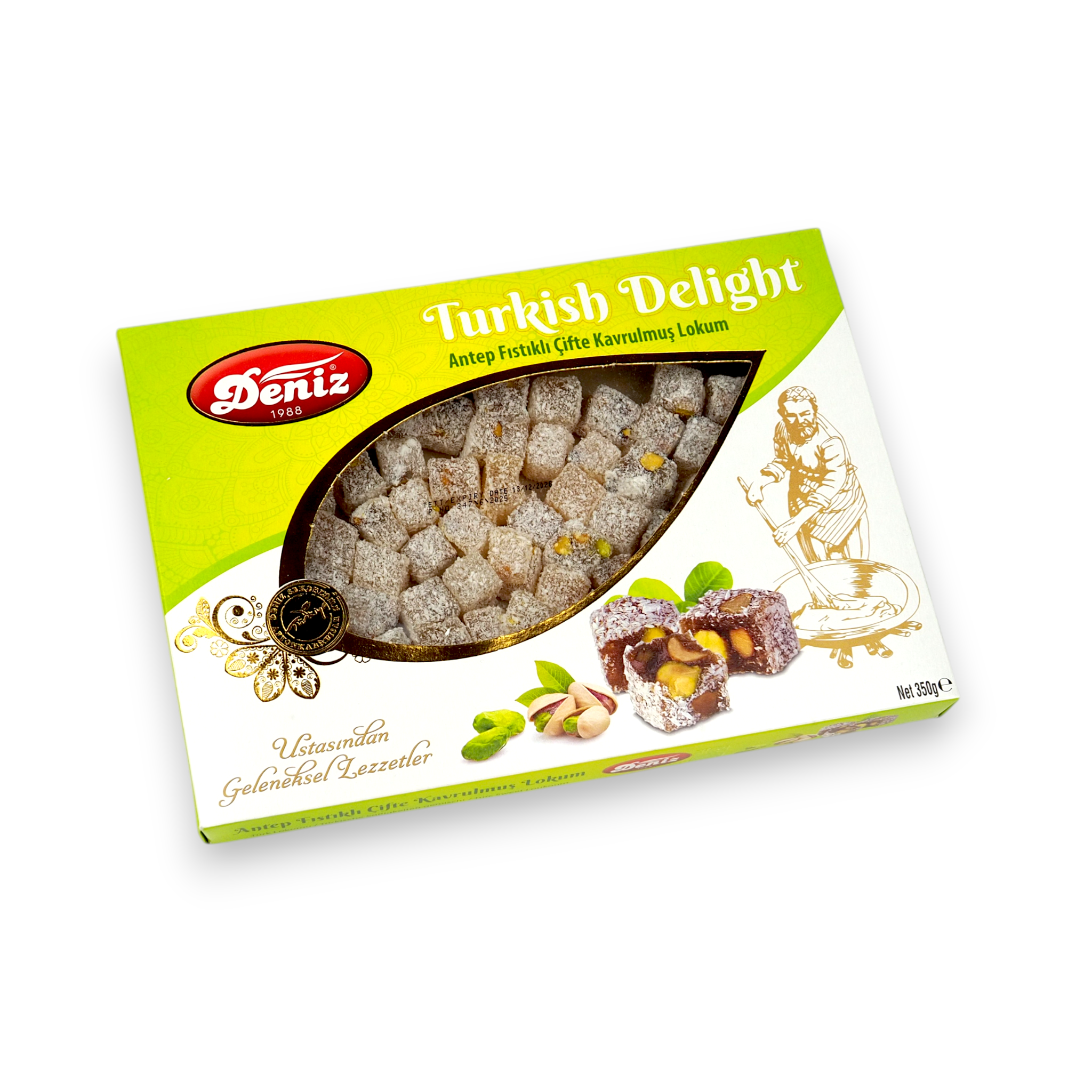 Antep fıstıklı çifte kavrulmuş lokum 350g Deniz Şekerleme kahve yanı geleneksel lokum