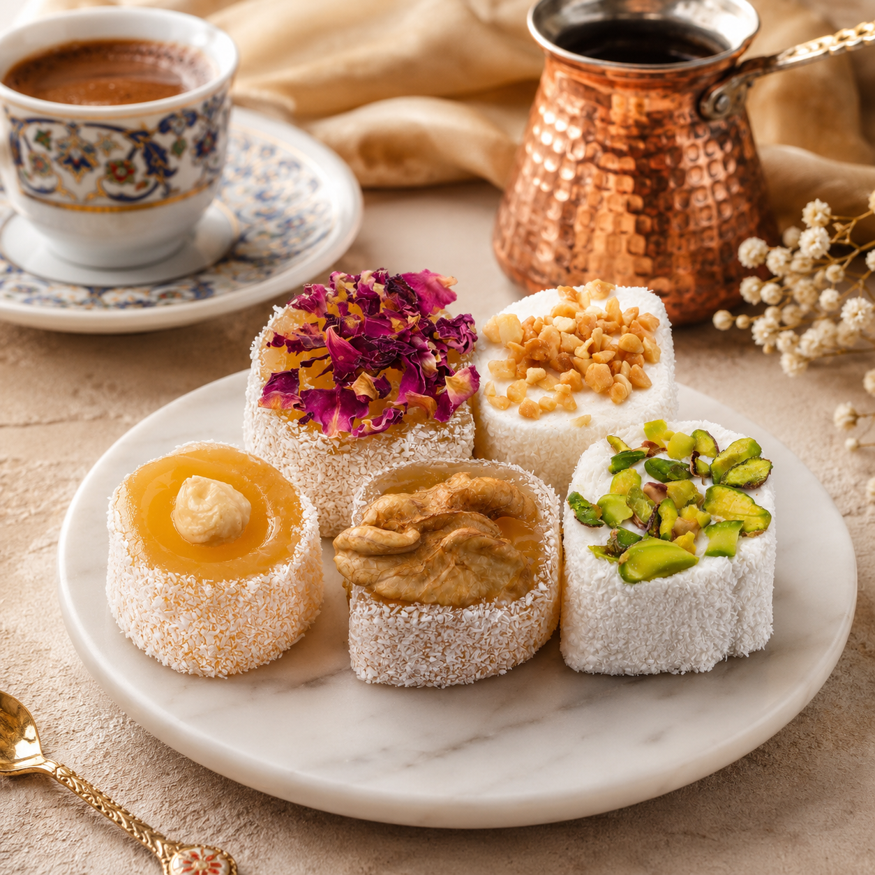 Hediyelik sultan lokum 250g Deniz Şekerleme ceviz fındık gül yaprağı yer fıstığı ve Antep fıstıklı Afyon lokumu